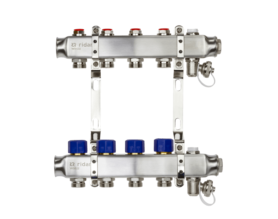 Комплект коллекторов SSM-7R set с кронштейнами, ручным воздухоотводчиком, сливным краном и торцевой заглушкой, 7 контуров