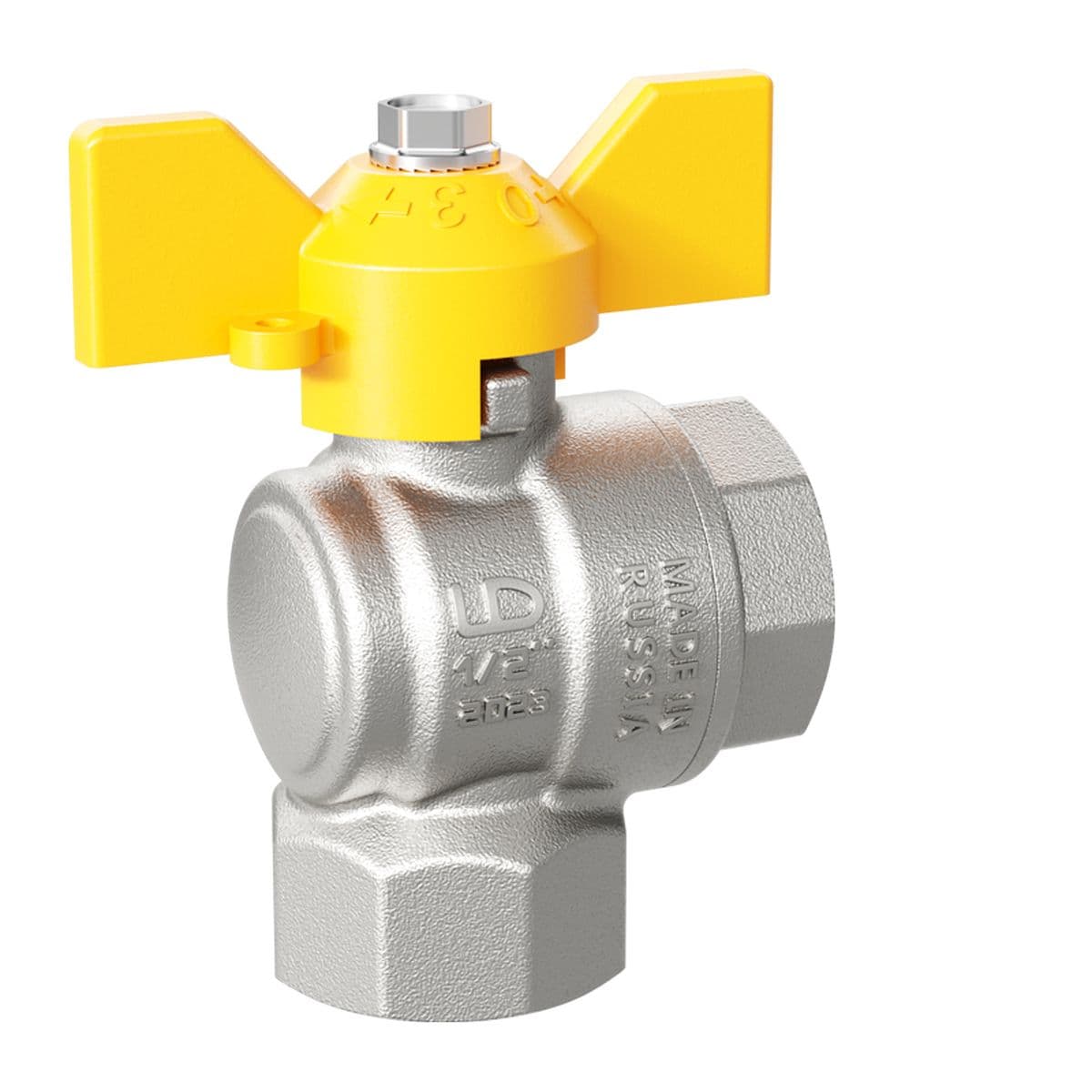 Кран шаровой LD Pride 1/2", ВР, угловой, желт. бабочка, для газа, никель