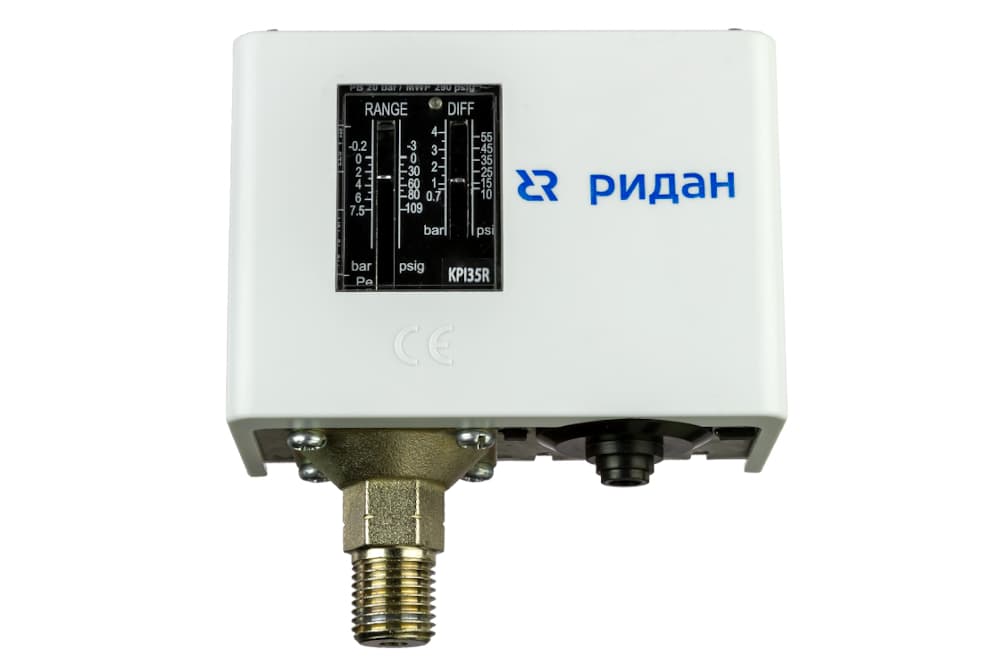 Реле давления KPI 35R, диапазон настройки -0,2...8 бар, дифференциал 0,4…1,5 бар, штуцер G1/2А, автоматический сброс