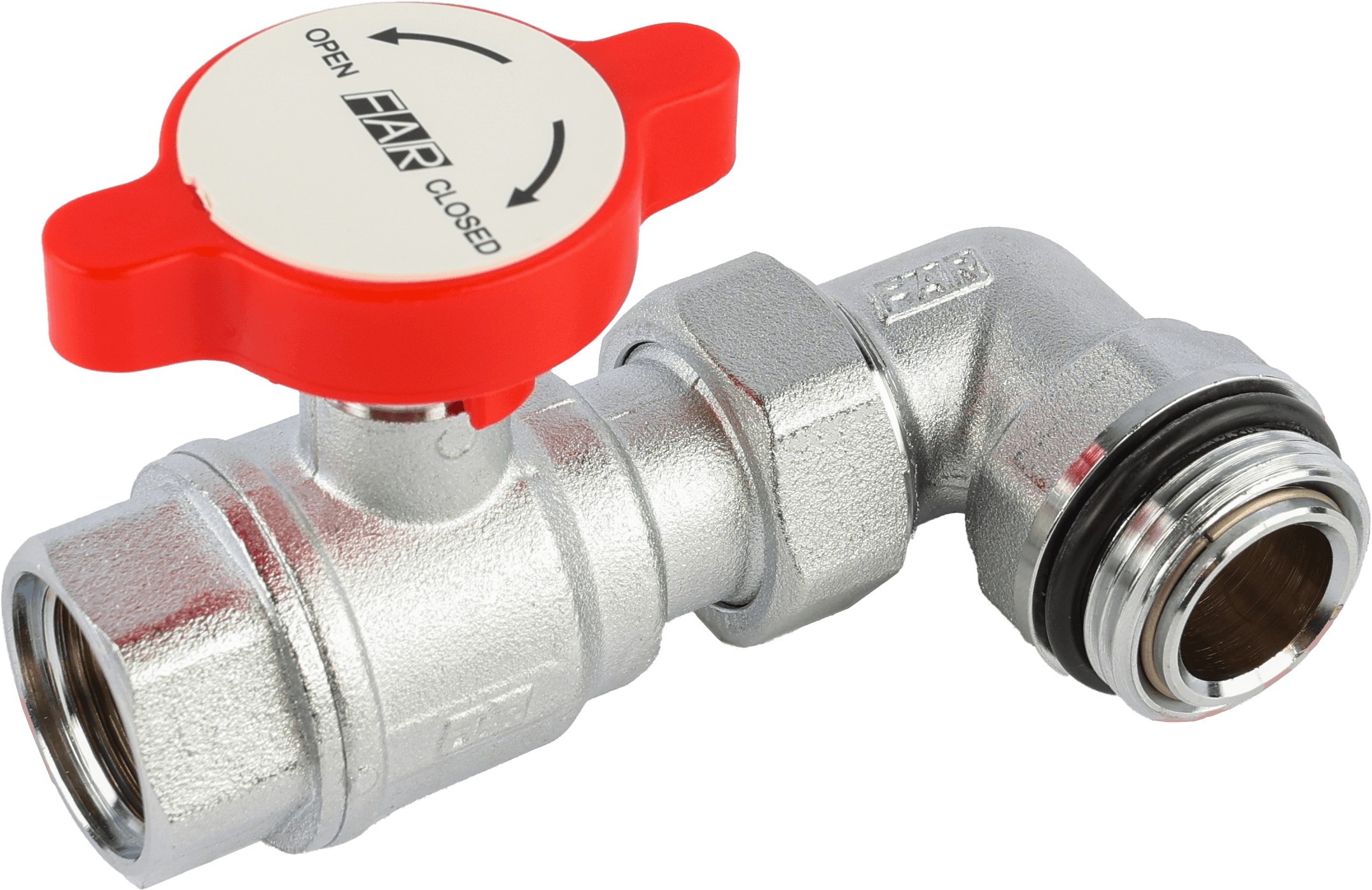 Кран шаровой FAR 3/4"-1", ВР-"американка" EPDM, угловой, красн. бабочка под термометр, хром