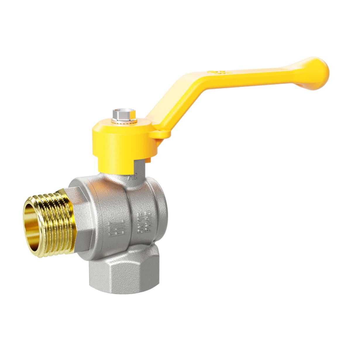 Кран шаровой LD Pride 1/2", ВР-НР, угловой, желт. рычаг, для газа, никель