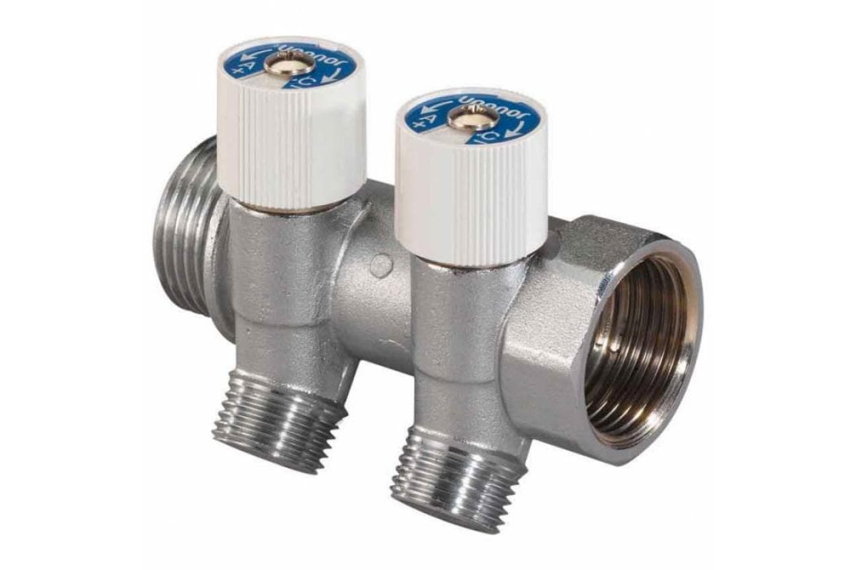 Коллектор MLC 1" НР-ВР, 2 выхода 1/2" НР с вентилями, Uponor 