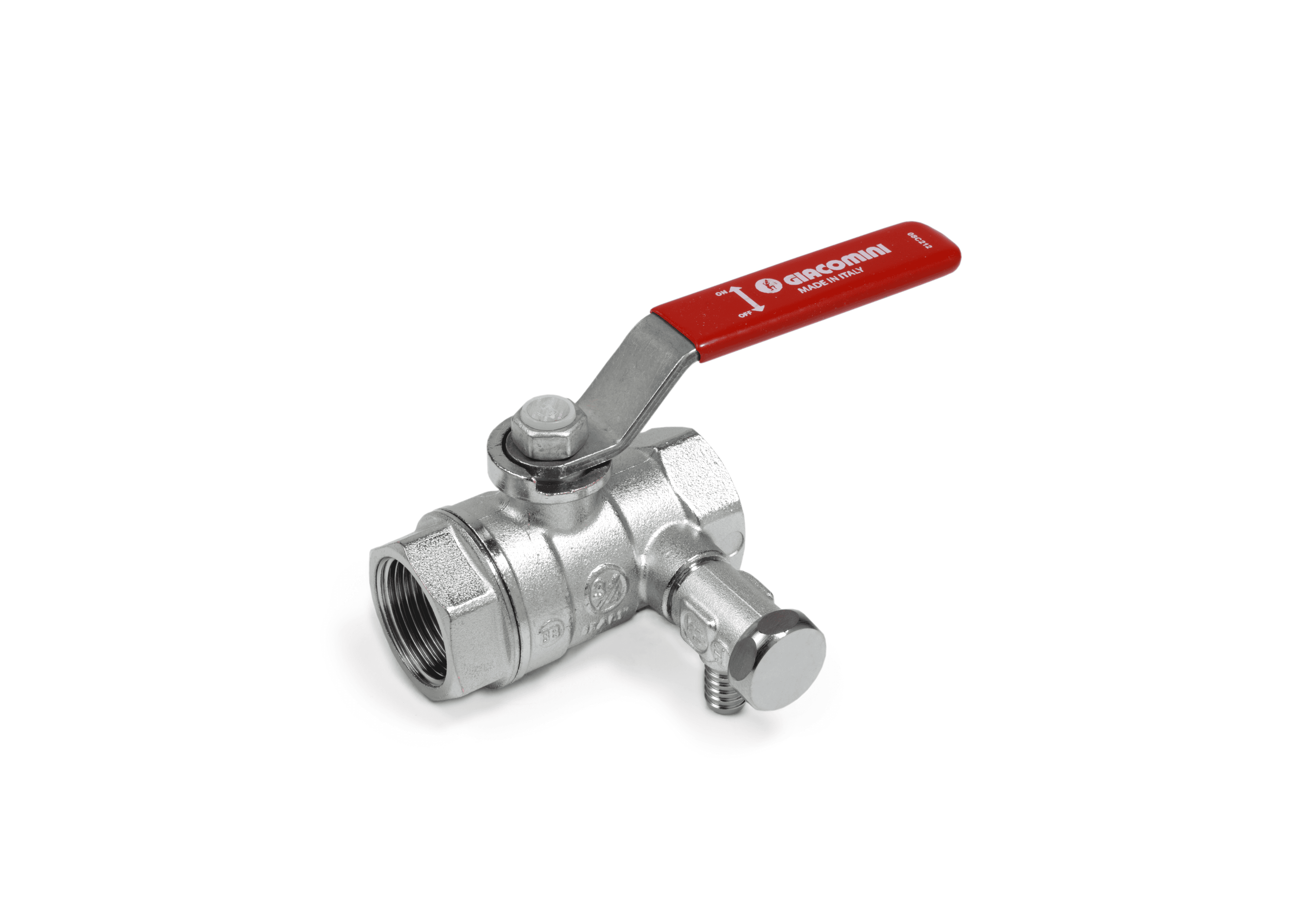 Кран шаровой Giacomini 1 1/4", ВР, с дренажем, красн. рычаг, хром