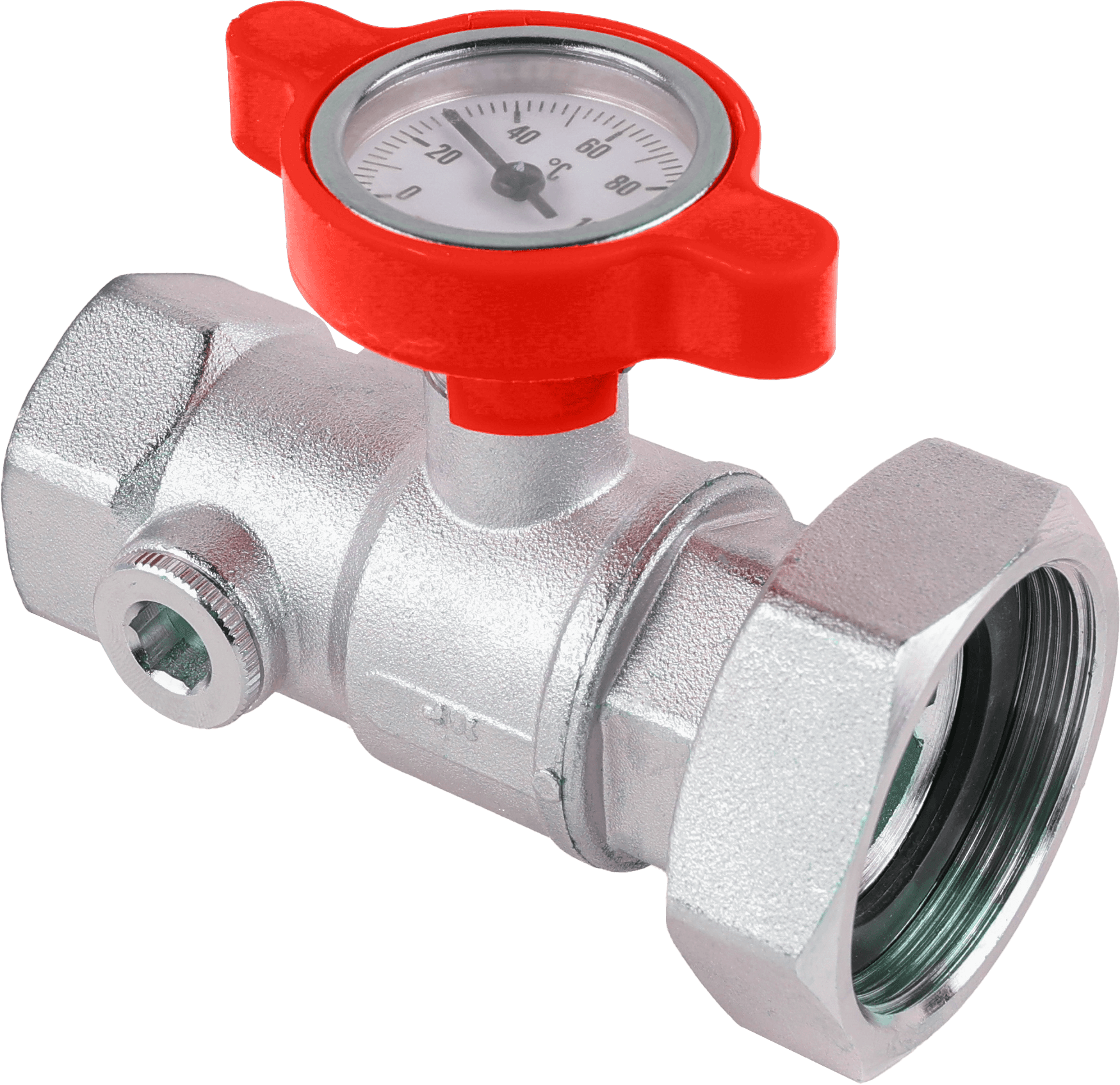 Кран шаровой FAR 1"-1 1/2", ВР-накидная гайка EPDM, под датчик, красн. бабочка с термометром, хром