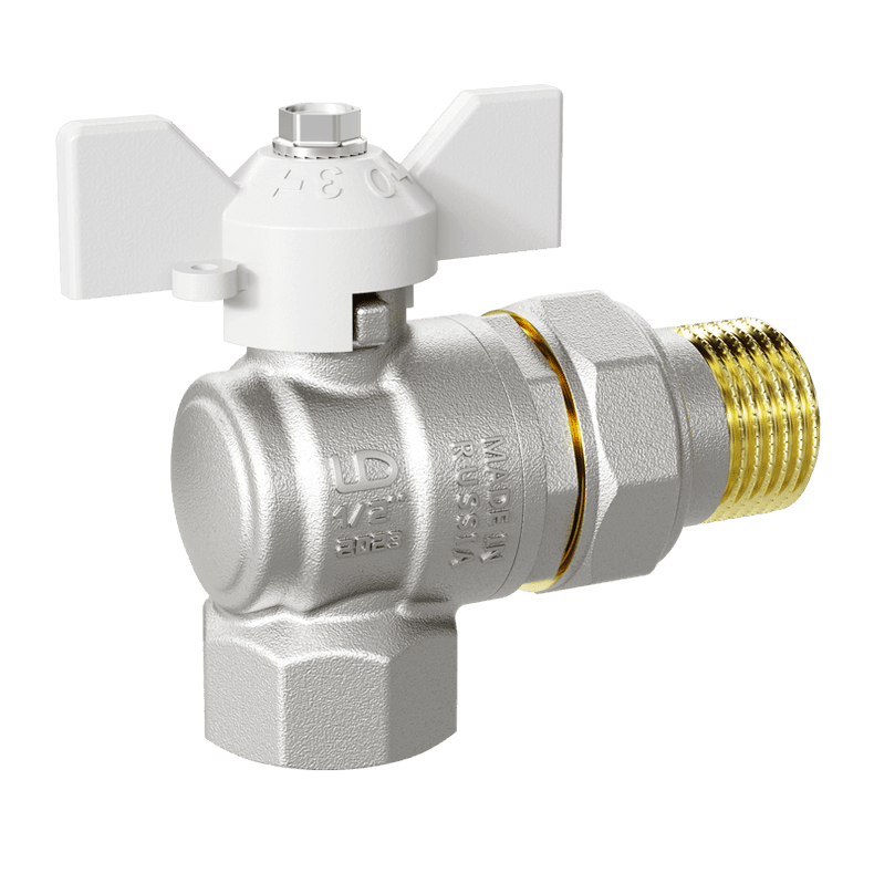 Кран шаровой LD Pride 1/2", ВР-"американка", угловой, бел. бабочка, никель