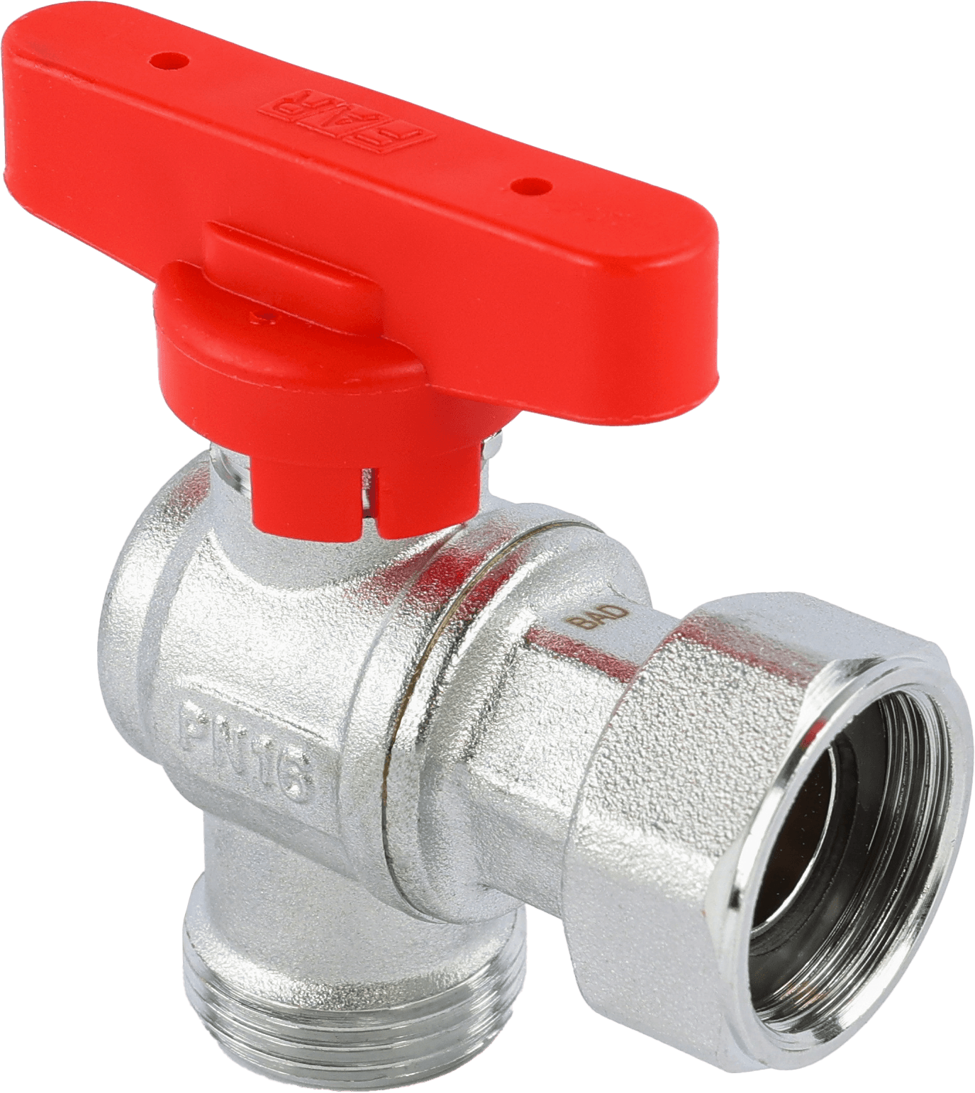 Кран шаровой FAR 3/4"EU(TP)-3/4", НР-накидная гайка EPDM, угловой, красн. бабочка, хром