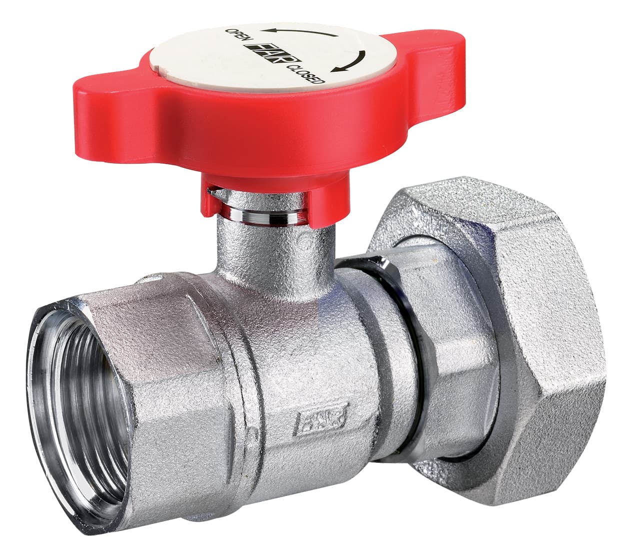 Кран шаровой FAR 1"-1 1/2", ВР-накидная гайка EPDM, красн. бабочка под термометр, хром