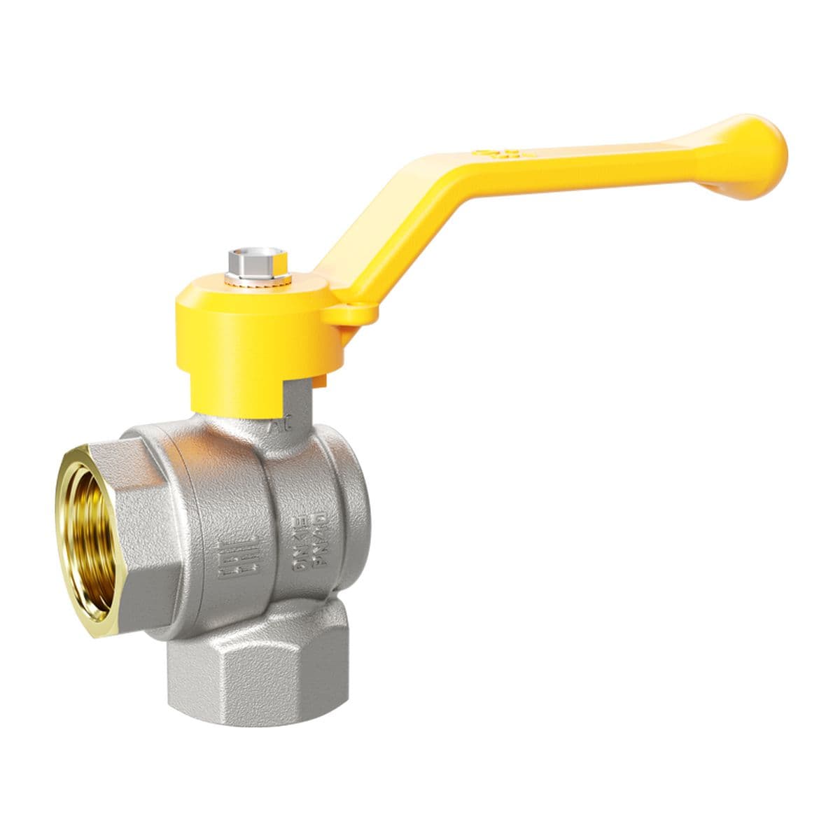 Кран шаровой LD Pride 1/2", ВР, угловой, желт. рычаг, для газа, никель