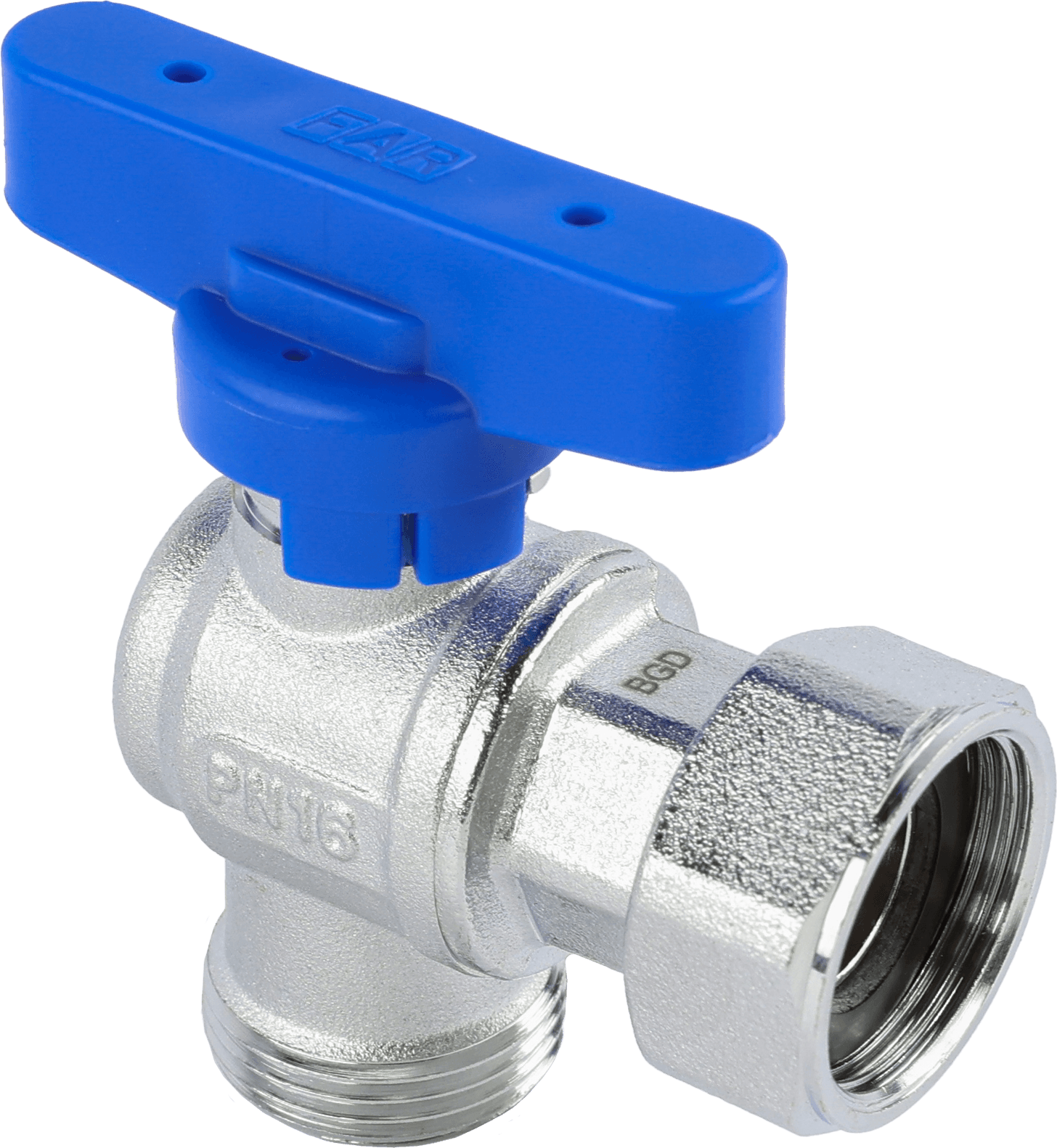 Кран шаровой FAR 3/4"EU(TP)-3/4", НР-накидная гайка EPDM, угловой, син. бабочка, хром